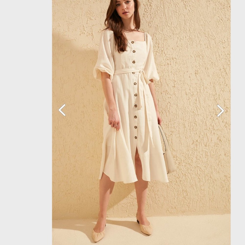 Organic Ecru Belted Buttoned Maxi Dress - Picture 6 of 10